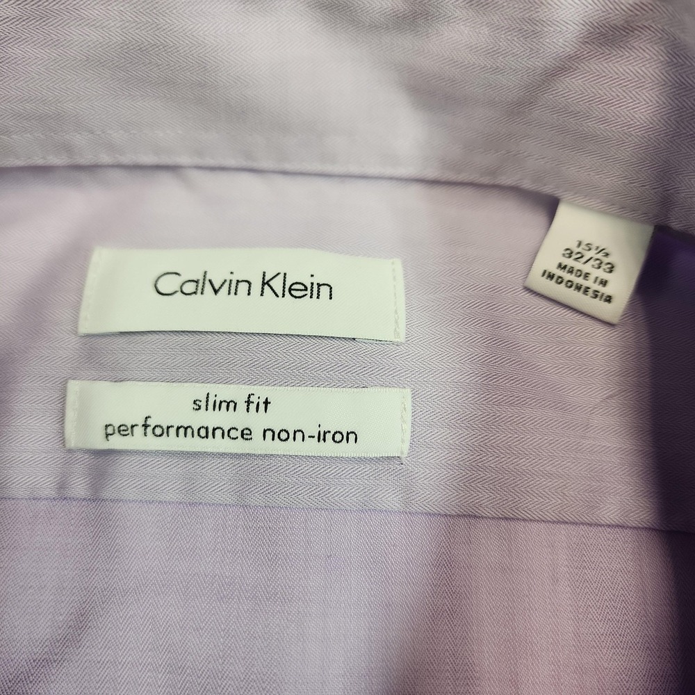 Calvin Klein Mens 15.5 32 33 Purple Herringbone Slim Fit Non Iron Dress Shirt - Picture 3 of 10